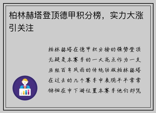 柏林赫塔登顶德甲积分榜，实力大涨引关注