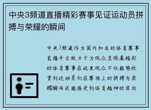 中央3频道直播精彩赛事见证运动员拼搏与荣耀的瞬间