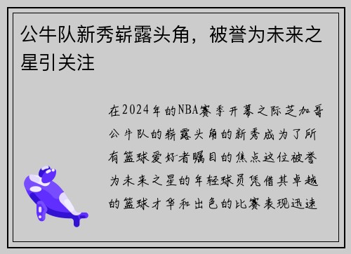 公牛队新秀崭露头角，被誉为未来之星引关注