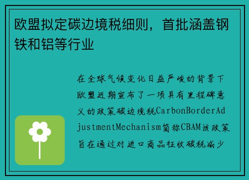 欧盟拟定碳边境税细则，首批涵盖钢铁和铝等行业